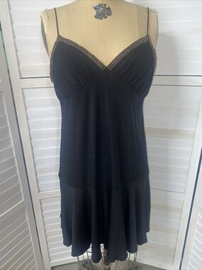 90s Y2K Eva Blue Black Glitter Slip Dress Beaded Cocktail Fit N Flare Sz 12 LRG